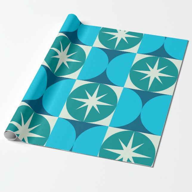 Mid Century Stjärnexplosioner på Blå Teal Cirklar Presentpapper (Utrullad)