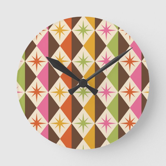 Mid Century Stjärnexplosioner på Harlequin-diamant Rund Klocka (Framsida)