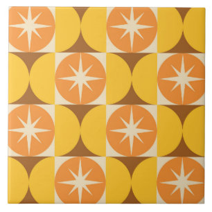 Mid Century stjärnexplosioner på orange gula cirkl Kakelplatta
