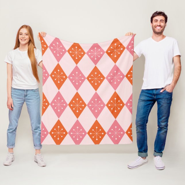 Mid Century stjärnexplosioner på orange rosa diama Fleecefilt (På plats)