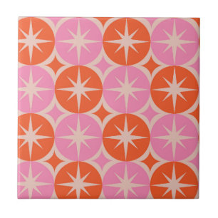 Mid Century stjärnexplosioner på rosa och orange c Kakelplatta