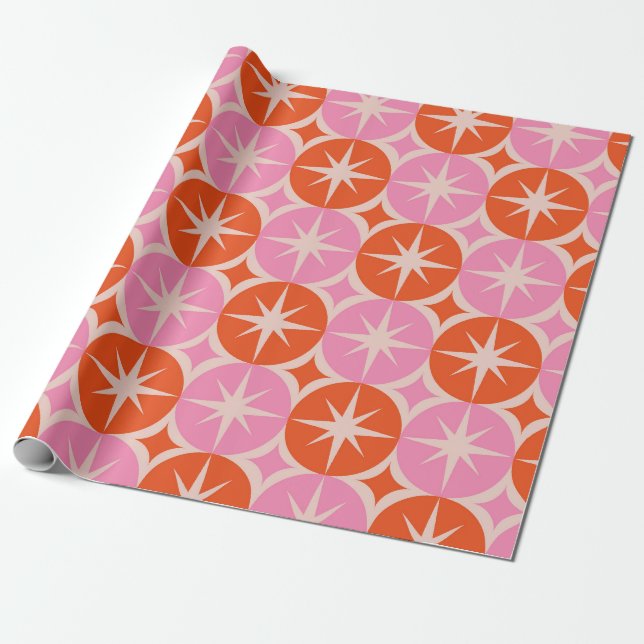 Mid Century stjärnexplosioner på rosa och orange c Presentpapper (Utrullad)