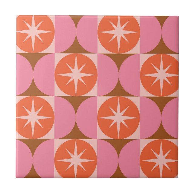 Mid Century Stjärnexplosioner på rosa orange cirkl Kakelplatta (Framsidan)