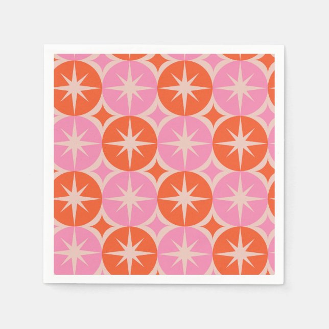 Mid Century Stjärnexplosioner på Rosa Orange Cirkl Pappersservett (Framsidan)