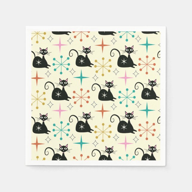 Mid Century-stjärnor med svart atomkatt Pappersservett (Framsidan)