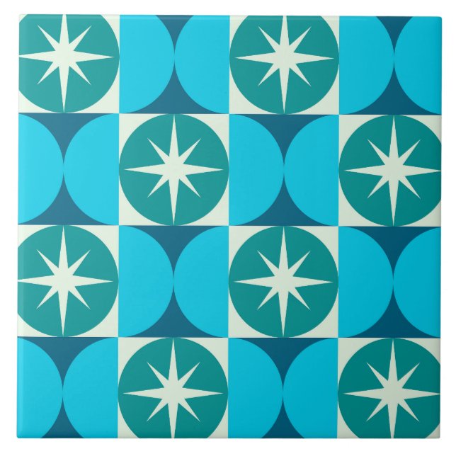 Mid Century-stjärnor på Blue Teal Circles Kakelplatta (Framsidan)