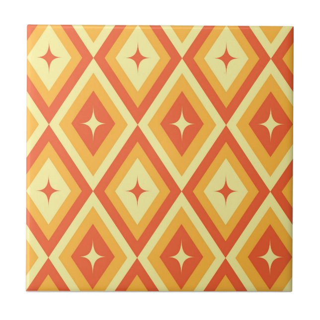 Mid Century-stjärnor på Orange Red Diamonds Kakelplatta (Framsidan)