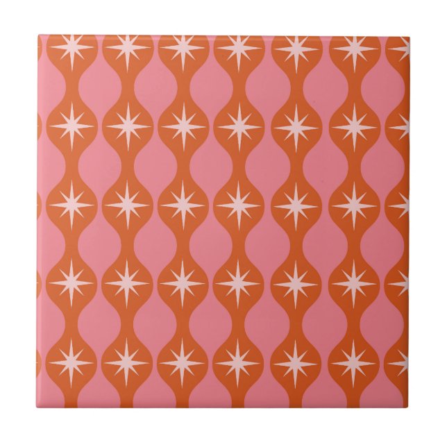Mid Century-stjärnor på Orange Rosa Ogee Mönster Kakelplatta (Framsidan)