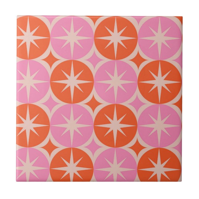 Mid Century-stjärnor på Rosa- och Orange-kretsar Kakelplatta (Framsidan)