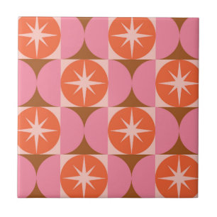 Mid Century-stjärnor på Rosa Orange Circles Kakelplatta