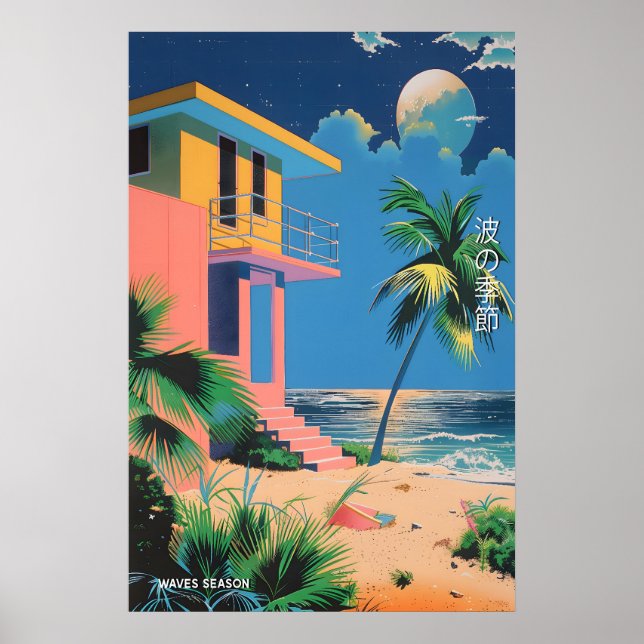 Mid-Century Strandhus Konsttryck Japanska Poster (Framsidan)