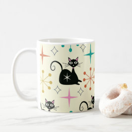 Mid Century Svart Atomisk Katt med Stjärnexplosion Kaffemugg