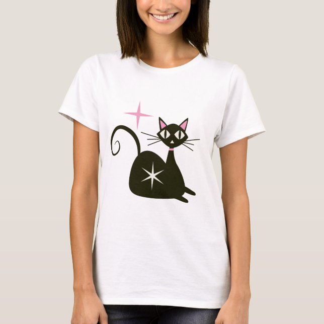 Mid Century Svart Atomkatt med Stjärnexplosioner  T Shirt (Framsida)