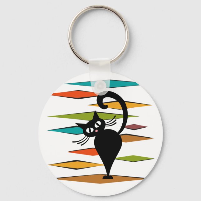 Mid Century svart katt design Nyckelring (Framsida)