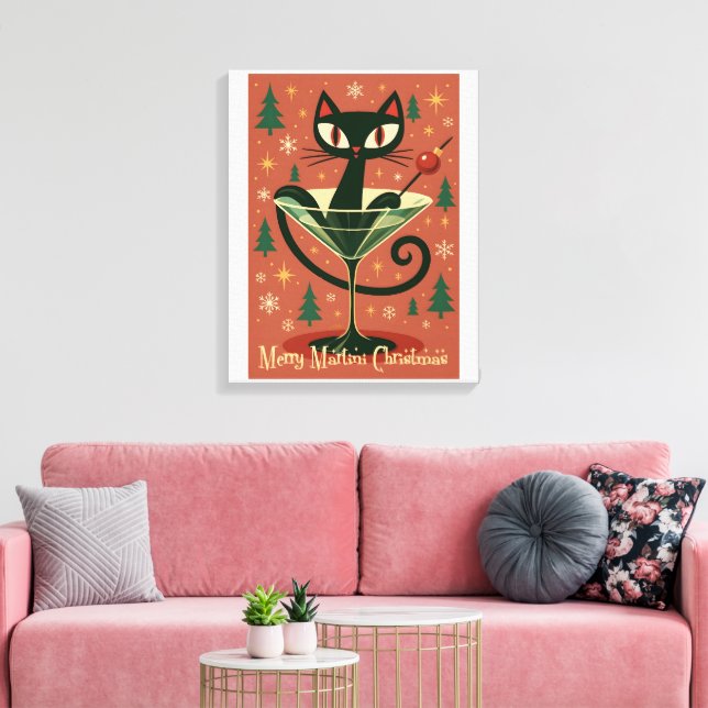 Mid Century Svart Katt Merry Martini Jul Canvastryck (Insitu (Vardagsrum))