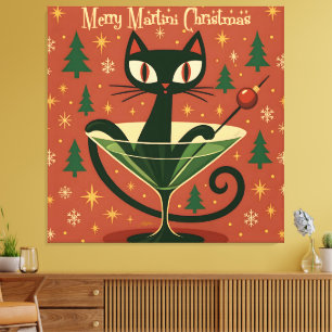 Mid Century Svart Katt Merry Martini Jul Canvastryck