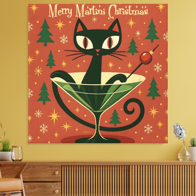 Mid Century Svart Katt Merry Martini Jul Canvastryck (Insitu (Vardagsrum))