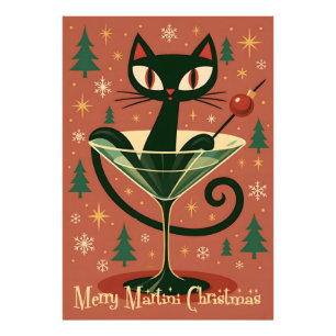Mid Century Svart Katt Merry Martini Jul Fototryck