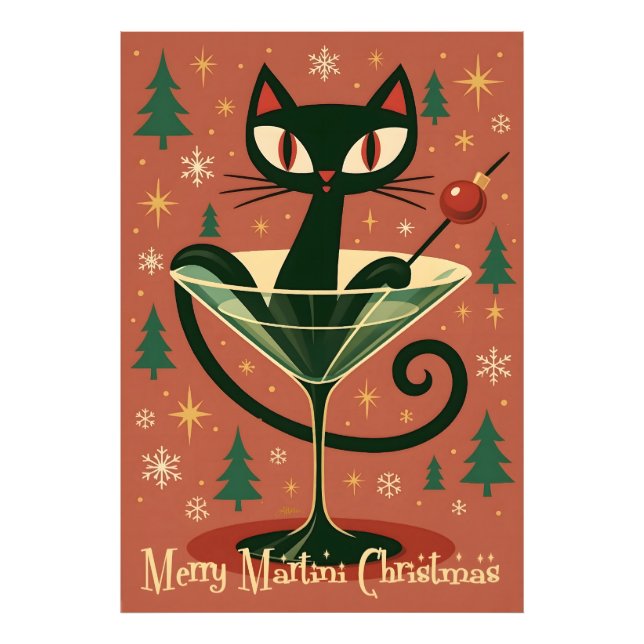 Mid Century Svart Katt Merry Martini Jul Fototryck (Framsidan)