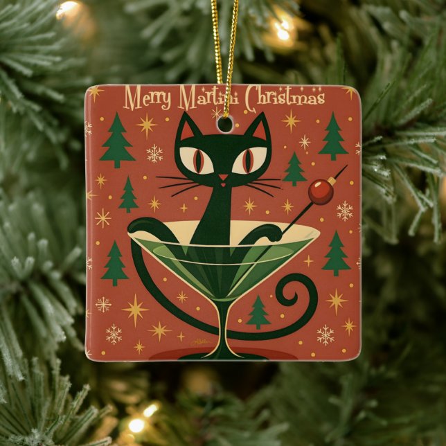 Mid Century Svart Katt Merry Martini Jul Julgransprydnad Keramik (Träd)