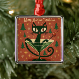 Mid Century Svart Katt Merry Martini Jul Julgransprydnad Metall