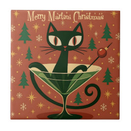 Mid Century Svart Katt Merry Martini Jul Kakelplatta