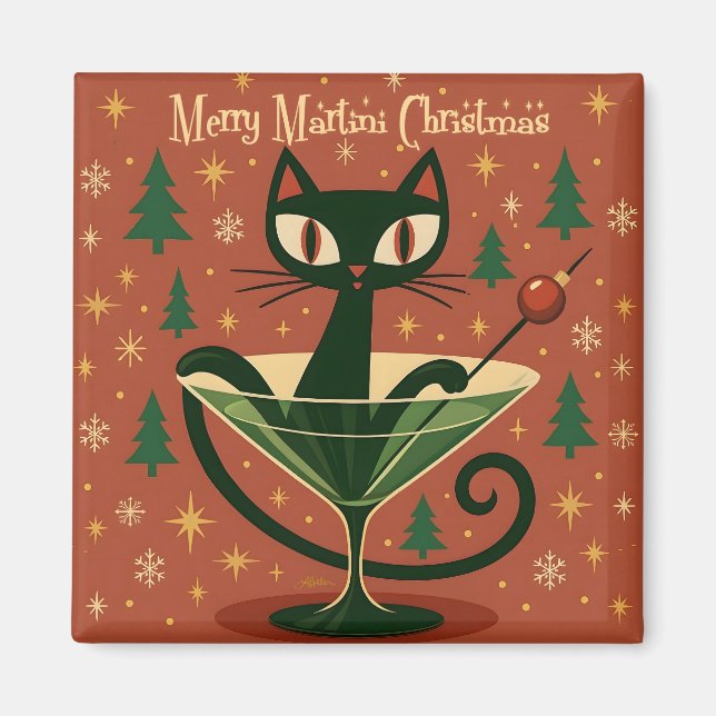 Mid Century Svart Katt Merry Martini Jul Magnet (Framsidan)