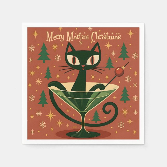 Mid Century Svart Katt Merry Martini Jul Pappersservett (Framsidan)