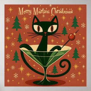 Mid Century Svart Katt Merry Martini Jul Poster