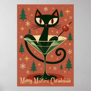 Mid Century Svart Katt Merry Martini Jul Poster