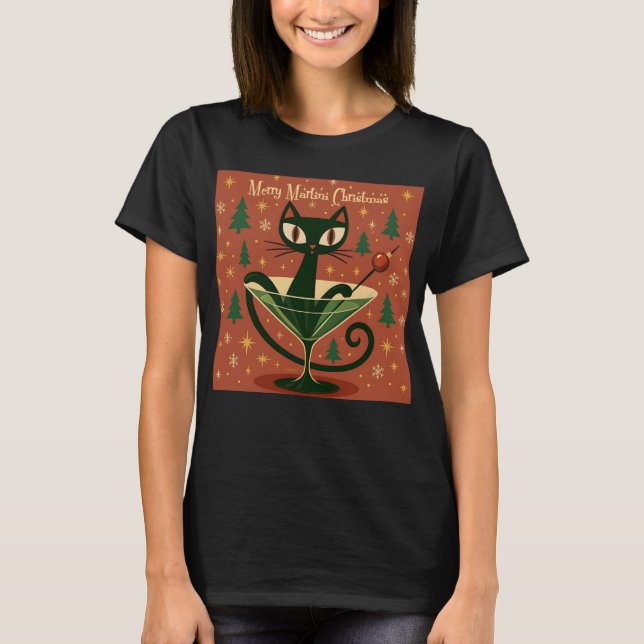Mid Century Svart Katt Merry Martini Jul T Shirt (Framsida)