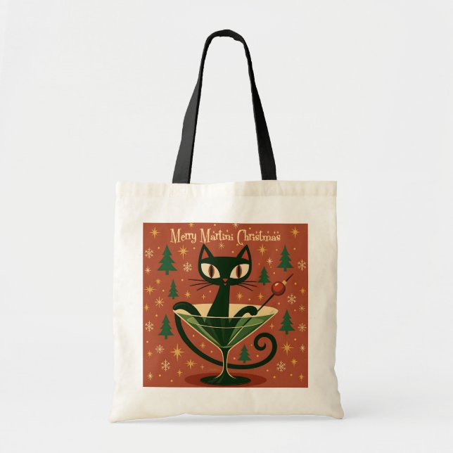 Mid Century Svart Katt Merry Martini Jul Tygkasse (Framsidan)