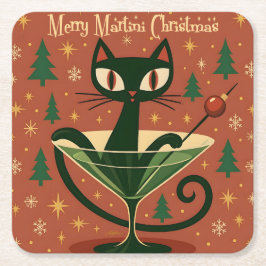 Mid Century Svart Katt Merry Martini Jul Underlägg Papper Kvadrat