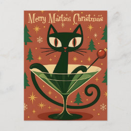 Mid Century Svart Katt Merry Martini Jul Vykort