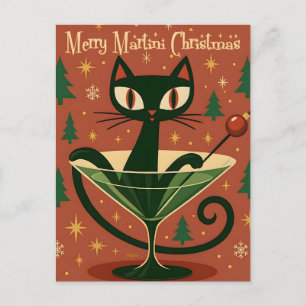 Mid Century Svart Katt Merry Martini Jul Vykort