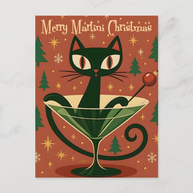 Mid Century Svart Katt Merry Martini Jul Vykort (Framsida)