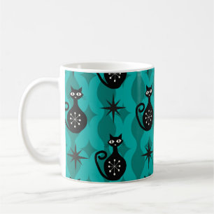 Mid Century Svarta Atomkatterna på Teal Ogee Kaffemugg