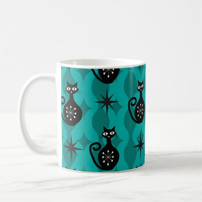 Mid Century Svarta Atomkatterna på Teal Ogee Kaffemugg (Vänster)
