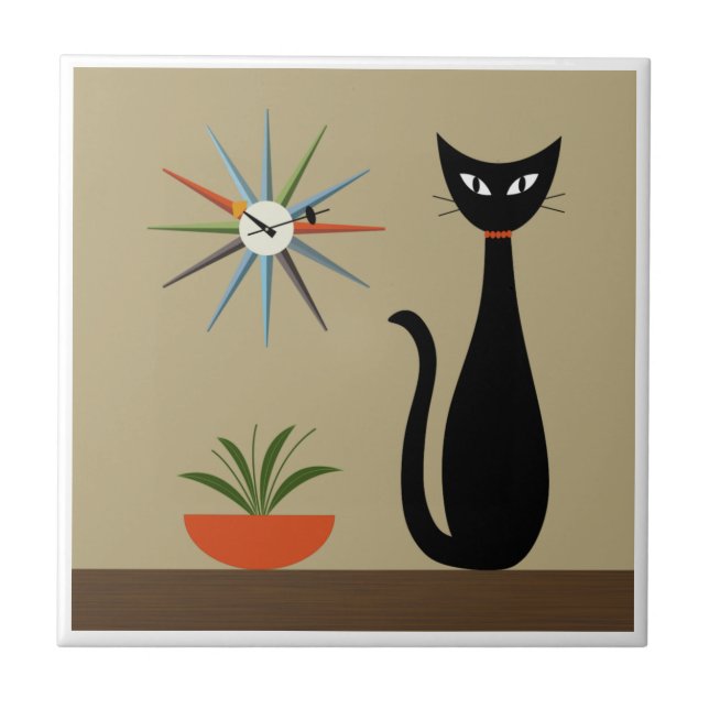 Mid Century Tabletop Cat med Starburst Clock Kakelplatta (Framsidan)