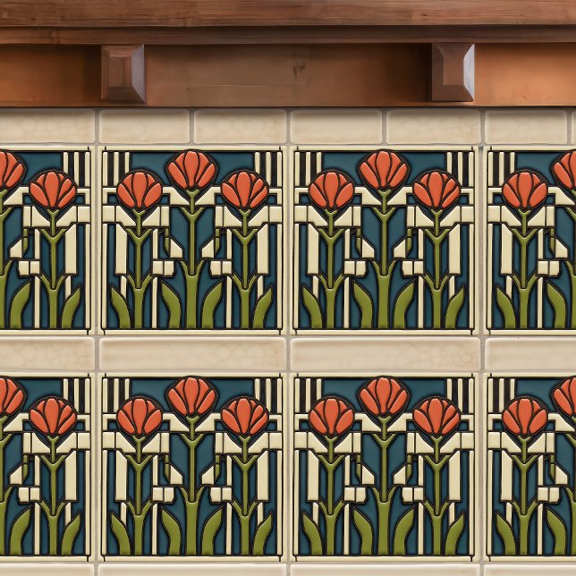 Mid Century Tulips Abstrakt Symmetry Arts Crafts Kakelplatta (Skapare uppladdad)