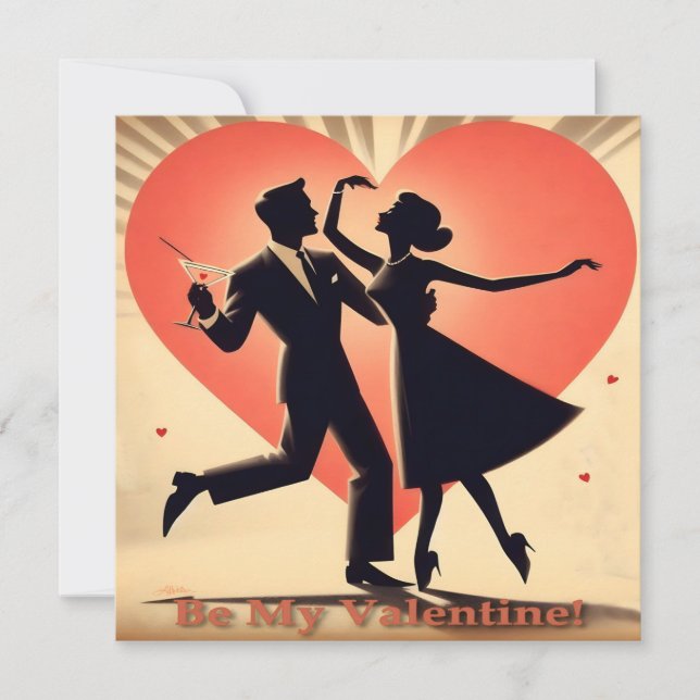 Mid Century Valentine Dancing Couple med Martini Inbjudningar (Framsida)