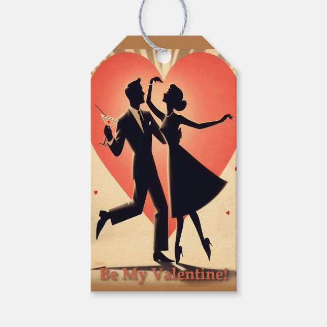 Mid Century Valentine Dancing Couple med Martini Presentetikett (Framsidan)