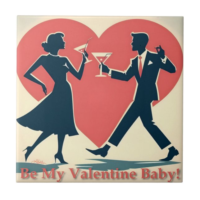 Mid Century Valentine Hip Martini Dancing Couple Kakelplatta (Framsidan)