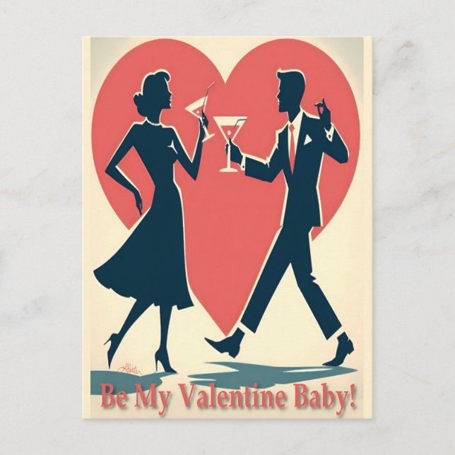 Mid Century Valentine Hip Martini Dancing Couple Vykort (Framsida)