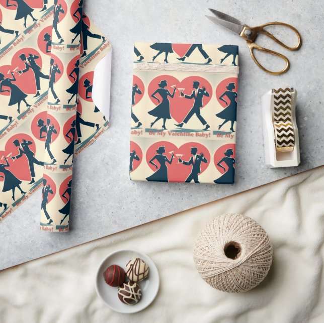 Mid Century Valentine Modern Hip Dansande Par Presentpapper (Hantverk)