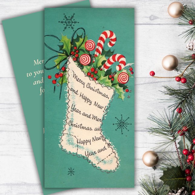Mid Century Vintage-Polkagrisar - julklapp Julkort (Mid Century Vintage Candy Canes Christmas Stocking Holiday Card)