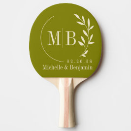 Mid-Century Warm Olivblad Bröllopsmonogram Pingisracket