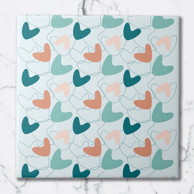 Mid Mod Abstrakt Mönster Teal, Peach, Mörk Salmon Kakelplatta (Skapare uppladdad)
