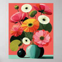 Midcentury blomstergyllen stilleben korallväggkons