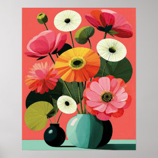 Midcentury blomstergyllen stilleben korallväggkons poster